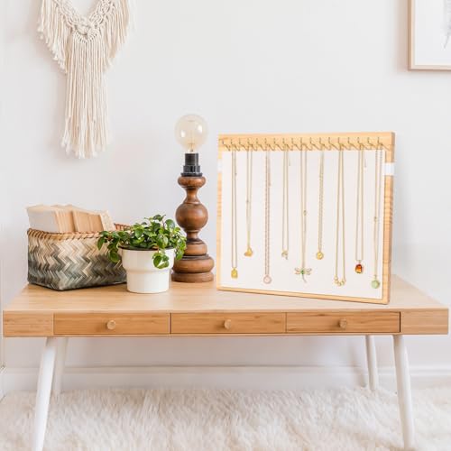 Necklace Dispaly Stand with 18 Hooks, Wooden Velvet Necklace Organizer Holder for Dispaly Necklaces Bracelet, Jewelry Stand Display with Elastic band for Selling Vendors Home,Beige