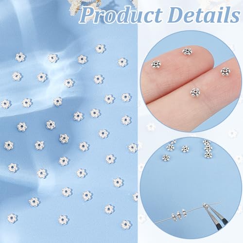 BENECREAT 40PCS 925 Sterling Silver Daisy Spacer Beads, 3x1mm Flower Shape Septal Bead with Silver Polishing Cloth for Earrings, Necklaces, Pendants, Hole: 0.7mm