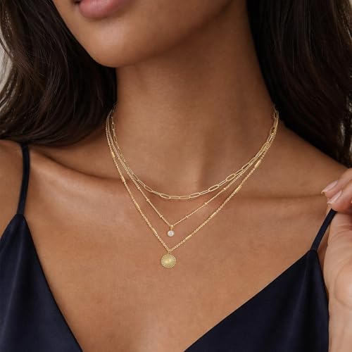 Layered Necklaces for Women, Dainty 14K Gold Plated Circle Peadant Chain Necklace Set Simple Paperclip Stacked Necklaces for Women Trendy Gold Jewelry - color: set1
