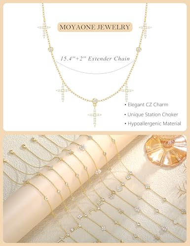 Dainty Gold Necklace for Women Trendy 14K Gold Plated Pearl Cross Clover Butterfly CZ Charm Pendant Chain Station Necklaces Waterproof Non Tarnish Layered Choker Cute Jewelry Gifts - color: G-cross