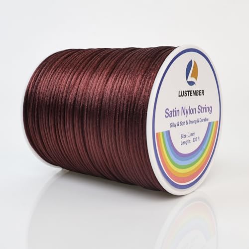 LUSTEMBER 330 Feet Satin Nylon String, 1 mm Silky Smooth Durable Nylon Cord for Jewelry Making, Bracelets, Beading, Necklaces, Macrame, Kumihimo, Rattail, and Chinese Knot Craft - size: Brown