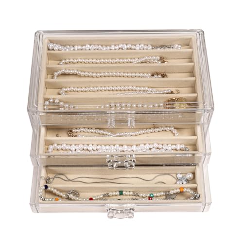 CLUQMEIK Necklace Organizer Box with Clear Lid, Dustproof Velvet Jewelry Holder Storage Display Case, Stackable Acrylic Necklace Tray Drawer Insert for Women and Girls (Beige,3 Drawers) - color: BEIGE-3Layer