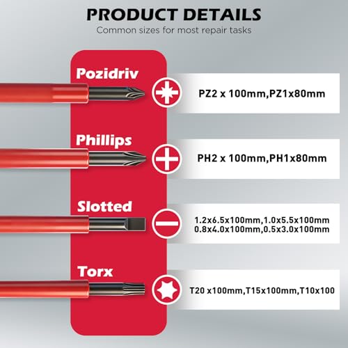 1000V Insulated Electrician Screwdriver Set - 13-Piece Professional Electrical Screwdriver Set Insulation Handle CRV Steel Magnetic Phillips Slotted Pozi Torx Tips VDE & GS Certified - style: 13 PCS VDE Interchangeable Pro