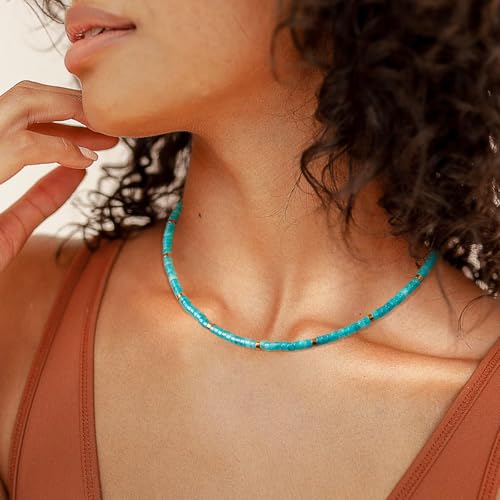 AGOT Beaded Gemstone Necklace for Women: Boho Bead Choker Natural Stone Necklaces - Handmade Jewelry for Summer Beach - color: Blue