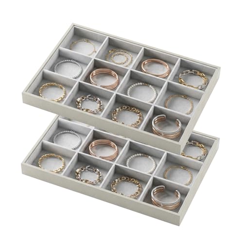 2-Piece Gray leather Stackable Jewelry Organizer Tray Set, Bracelet Ring Earring Holder Box, Necklace Display Stand for Storage and Retail Display (12 Grids) - style: 12 Grids