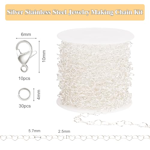 GTVOODX 16.4 Feet Silver Heart Chain for Jewelry Making Stainless Steel Necklace Bulk Chain Roll Spool for DIY Bracelet Craft Supplies with Lobster Clasps Jump Rings - color: Silver Heart