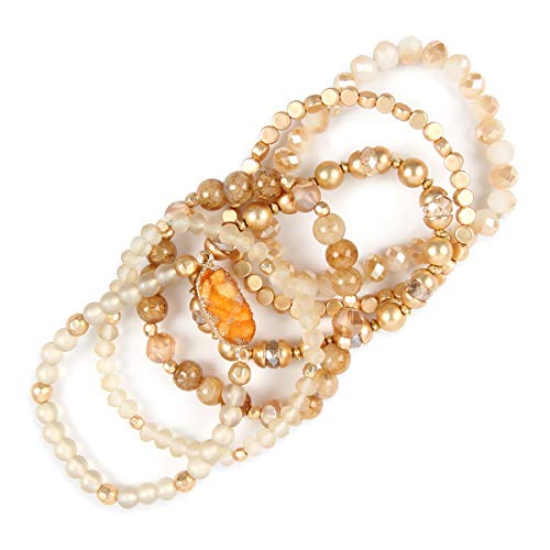 RIAH FASHION Bohemian Acrylic Druzy Multi-Layer Bead Statement Bracelet - Versatile Faux Stone Pendant Stretch Strand Stackable Cuff Bangle Set Sparkly Crystal - color: Bohemian Oval Druzy Set - Light Brown