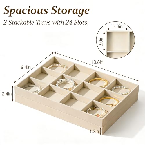 pickpiff Drawer Jewelry Organizer & Display Trays: 2pcs 12grid Velvet Stackable Jewelry Case (13.8x9.4x1.2inch) - Soft Beige Necklace Holder Bracelet Display Watch Box - size: 12 grids + 12 grids