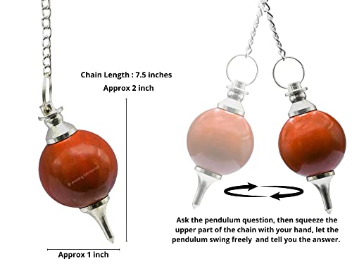 Amazing Gemstone Red Jasper Crystal Ball Pendulum for Divination - Dowsing Pendulum Necklace with Chain and Quartz Bead for Reiki Healing and Crystal Grid Meditation - color: Red Jasper