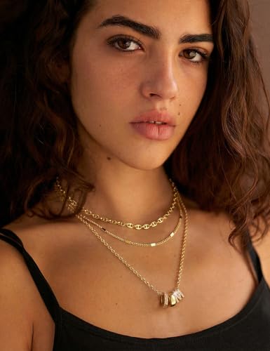 Layered Gold Necklaces for Women, 14K Gold Plated Dainty Cubic Zirconia Rondelle Initial Pendant Necklace, Chunky Stackable Mariner Chain Choker, Trendy Personalized Name Jewelry Gifts for Women - style: Letter M