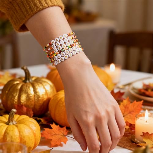 Thanksgiving Stackable Bracelet for Women Set Colorful Beads Rubber Ring Elastic Layering Letter Disc Maple Leaf Pendant Clay Stretch Fall Bracelets Fall Costume Bracelet Jewelry for Women - style: Style4