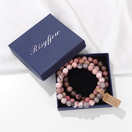 3 PCS Healing Crystal Bracelets for Women 8mm Natural Stone Beaded Stretch Bracelet Amethyst Jewelry Gifts - color: 02 8mm Pink Zebra Jasper
