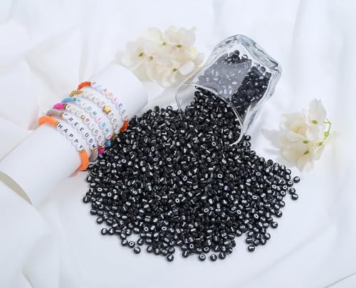 LAIDANLA 1000PCS Acrylic Number Beads White Number Black Round Bead 7×4mm for Jewelry Bracelets Necklaces Key Chains Making - color: Y-White Number Black Beads