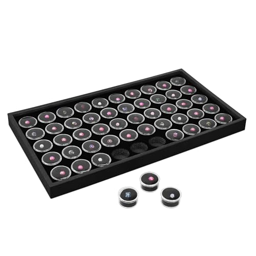 Ikee Design Black Foam Gem Jars Showcase Stackable Display Tray for Collectibles, Home Organization Storage Box with 50 Gemstones and Bead Storage Jars - color: Black Foam/Black Tray (50 Jars)