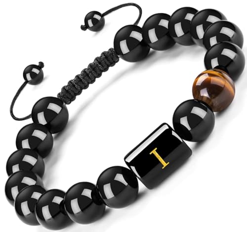FRG Initials Bracelets for Men Letter Link Handmade Natural Black Onyx Tiger Eye Stone Beads Braided Rope Meaningful Bracelet - style: Braided rope-I