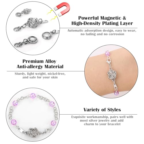 18 Pcs 3 Styles Magnetic Necklace Clasps and Closures, Rose Round Cylindrical Jewelry Magnetic Clasp Connector Locking Magnetic Clasp Bracelet Extender for Jewelry Making (Silver) - color: Silver