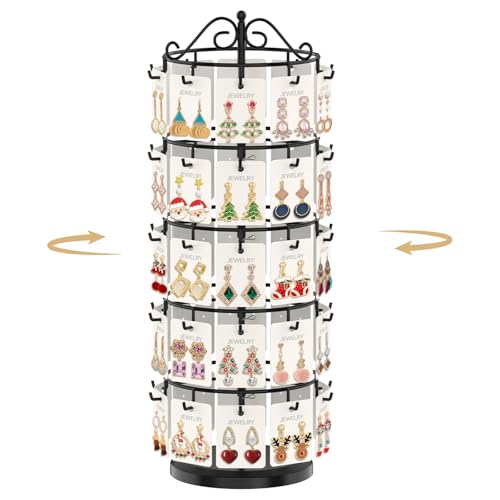 MODOWEY Earring Card Display Stand for Vendors, 50 Hooks Metal Rotating Organizer Rack Holder, 5 Tier Adjustable Jewelry Tree for Stud Pierced Dangle Selling, Boost Sales Compact Earing Hanger, Black - color: Glossy Black