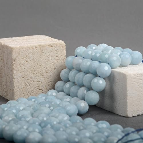Aquamarine 8mm Gemstone Faceted Round Loose Strand Beads for DIY Necklace Bracelet Jewelry Making 15 Inch - color: Aquamarine