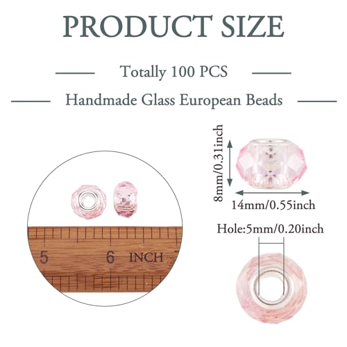 100pcs 14mm Large Hole Faceted Glass Crystal Pink European Crystal Spacer Beads for Valentine's Day Jewelry Making - color: Pink