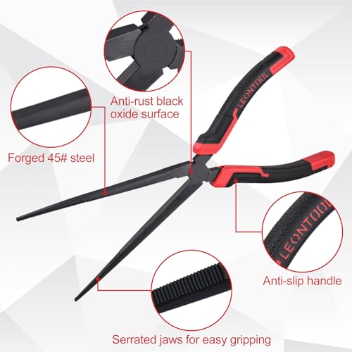 10" Extra Long Needle Nose Pliers | Designed for Car Repair & Welding Assistance | Heavy Duty 45 Steel Extended Reach Long Nose Pliers with Serrated Jaw for Narrow Spaces and Limited Areas