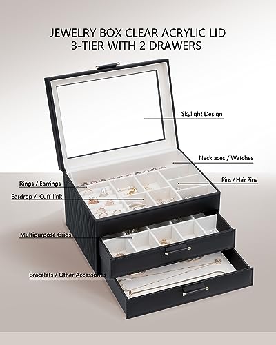 Jewelry Boxes with Glass Lid, Jewelry Boxes for Women 3-Tier Jewelry Organizer with 2 Drawers, Jewelry Display Case Gift for Women Girls Men - Black - color: Black 3-Layer