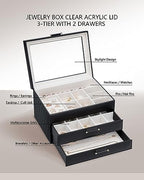 Jewelry Boxes with Glass Lid, Jewelry Boxes for Women 3-Tier Jewelry Organizer with 2 Drawers, Jewelry Display Case Gift for Women Girls Men - Black - color: Black 3-Layer