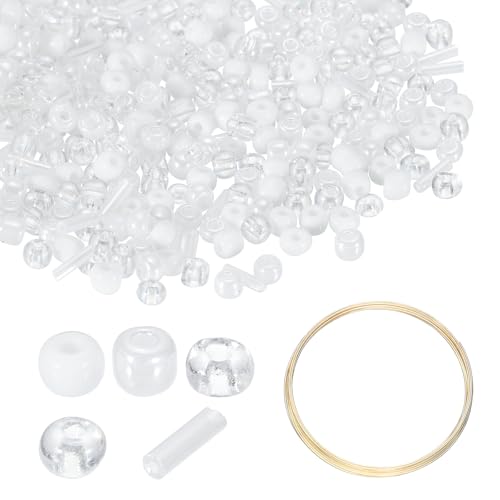 uxcell 1Set Glass Seed Beads, 1.5-4.5mm Small Embroidery Bugle Beads Assorted Tube Bead Loose Kit for Jewelry Making DIY Craft Beading Bracelets Necklace Earring (Clear White) - color: Clear White