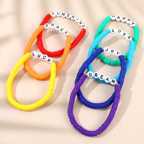Rainbow Heishi Surfer Bracelets Set for Women Stackable Clay Beaded Bracelets Disc Stretch Preppy Bracelets Layering Colorful Friendship Bracelets Team Cheer Bulk Boho Summer Beach Jewelry Gift - style: LUCK