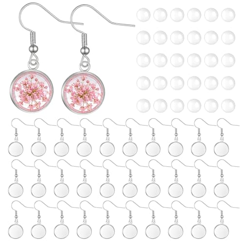 30 Pcs Cabochon Earrings Blanks Bezel Earrings Wire Hooks Blanks Silver Stainless Steel Jewelry Making Supplies Cabochon Settings Earring Making Accessories for Women DIY Earring Project