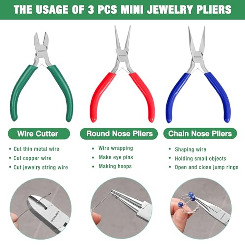 WORKPRO Jewelry Pliers Set, 3 Pack Jewelry Making Tool Kit- Needle Nose Plier/Chain Nose Plier, Round Nose Plier and Wire Cutter for Charm Bracelet, Jewelry Repair, DIY Crafts, Jewelry Making Supplies - color: Dark Blue, Dark Green, Red