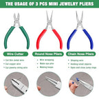 WORKPRO Jewelry Pliers Set, 3 Pack Jewelry Making Tool Kit- Needle Nose Plier/Chain Nose Plier, Round Nose Plier and Wire Cutter for Charm Bracelet, Jewelry Repair, DIY Crafts, Jewelry Making Supplies - color: Dark Blue, Dark Green, Red
