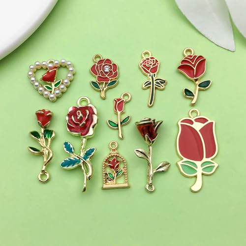 Sailanzi 20pcs Alloy enamel Valentine's Day series rose set Pendant Jewelry Making DIY Keychain Earrings Pendant Various Design Charms for Jewelry Making Bracelets Necklace (SN785) - color: SN785