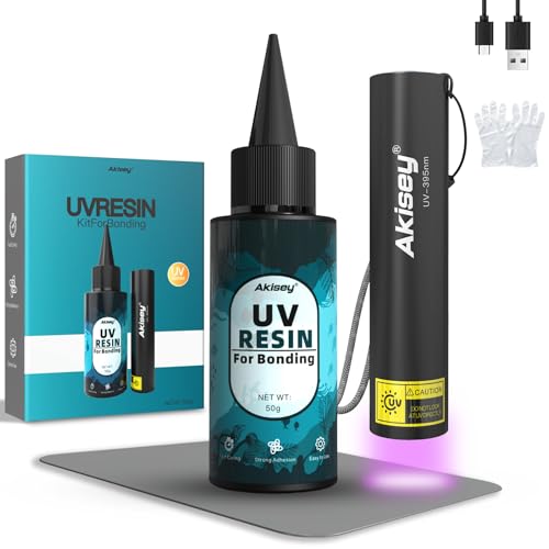 Akisey UV Resin Kit with Light, 50g UV Resin with Rechargeable 395NM UV Flashlight, Fast Curing in Seconds, UV Glue Adhesive for Bonding Jewelry, Plastic, Glass & Acrylic Repair Kit with Mat, Gloves - size: 50g