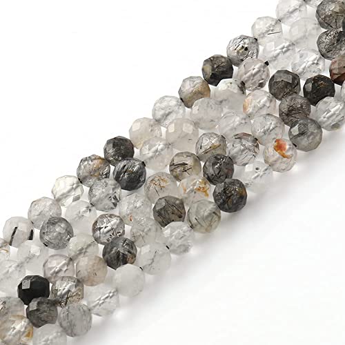 Song Xi 120pcs 3mm Natural Black Rutilated Quartz Gemstone Beads Faceted Round Loose Stone Beads for Jewelry Making (1 Strand) - color: Black Rutilated Quartz, size: 2.8-3.3mm