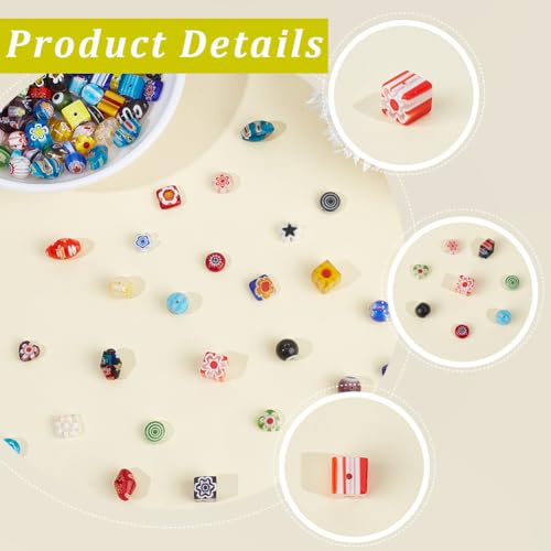 1 Box 150PCS 10 Styles 8MM Millefiori Beads Handmade Lampwork Glass Round Cube Flat Flower Heart Mosaic Flowers Loose Spacer Bead Charm Bulk for Jewelry Making Bracelets Necklace DIY Craft - size: 150pcs, style: Mixed