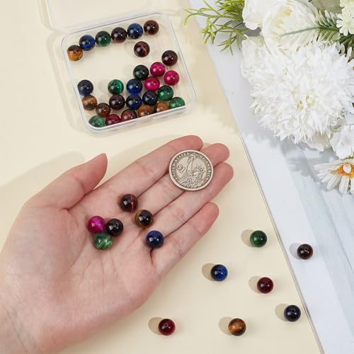 40PCS 10MM Natural Tiger Eye Beads with Hole Round Gemstone Pink Blue Green Energy Stone Smooth Polished Loose Spacer Bead Bulk for Jewelry Making Earrings Bracelets Necklaces DIY Crafts - size: 10mm 40pcs
