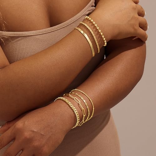 Gold Bracelets Set for Women Stack, Chunky Thick Bracelets Stack for Women Trendy, Simple Dainty Thin Gold Plated Cuff Stackable Bracelets With Beaded Cuban Paperclip Snake Rope Bangle Hand Chain Jewelry - style: Style 03-gold