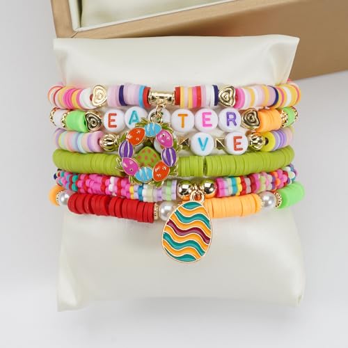 Twinfree Bohemia Beaded Bracelet for Women, Polymer Clay Stretch Bracelets - color: color 39