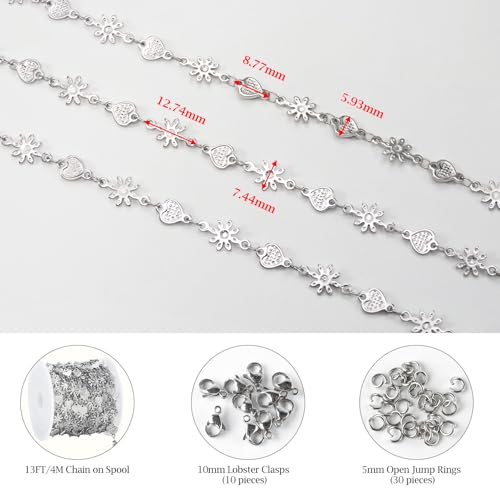 KYUNHOO Beautiful Daisy Flower Chain Roll 13 Feet Embossed Heart Chains for Jewelry Making Stainless Steel Silver Jewelry Supplies for DIY Handcrafts - color: FLower Silver