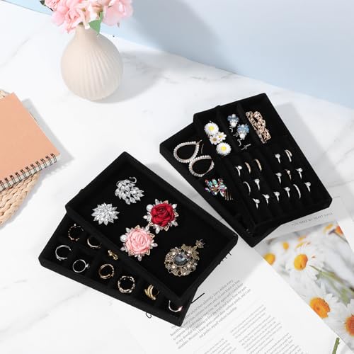 8 Pcs 4 Styles Velvet Jewelry Tray, 8" x 5" Stackable Jewelry Tray, Drawer Trays for Rings, Earrings, Necklace, Bracelet, Black