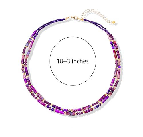 Elisheva Natural Stone Choker Necklace for Women, Boho Natural Emperor Jasper Stone Lace Agate Beaded Crystal Necklace, Gemstone Jewelry Gift for Her - style: 2 layered purple emperor stone