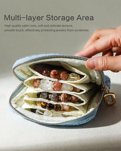 Travel Jewelry Case, Small Tweed Jewelry Bag with Zipper, 5-Layer Anti-Scratch Pouch for Bracelets Necklaces Earrings, Tangle-Free Jewelry Storage, Gift for Her Tweed Blue - color: WOVEN-Blue