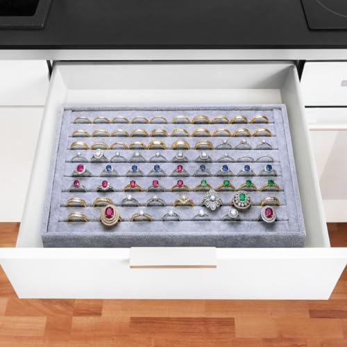 Tondiamo Set of 8 Large Stackable Jewelry Organizer Tray Set for Drawers Grey Velvet Jewelry Drawer Inserts Container Display Case Storage Display Trays for Earring Necklace Rings Bracelet Sunglasses