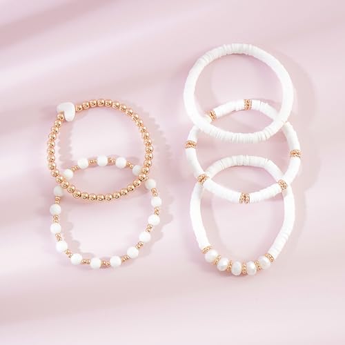 RISHEGAE Heishi Beaded Stretch Bracelets for Women Stackable Polymer Clay Beads Bracelets Friendship Boho Summer Beach Bracelet Jewelry Set - color: B-White Set