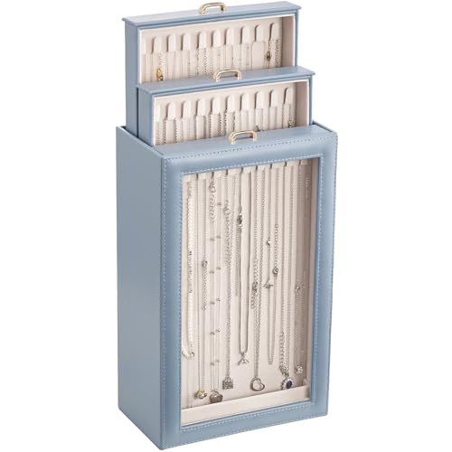 Lolalet Necklace Organizer Box, Jewelry Storage Box with Clear Window for Necklaces Bracelets, Tangle-Free Necklace Display Case for Women Girls, Mothers Day Gift - color: Dusty Blue, size: 3 Layers, 30 Hooks