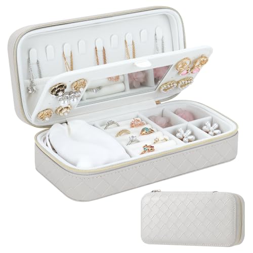 DesignSter Travel Jewelry Case, Woven Embossed PU Leather Jewelry Organizer with Mirror, Small Portable Jewelry Box for Women Rings Necklaces Bracelets Earrings - color: Grey