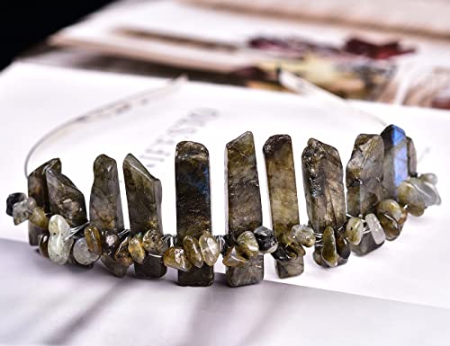 JIC Gem Labradorite Crystal Crown Raw Quartz Headband Handmade Tiara Natural Stone Headpiece Women Girls for Wedding Parties - color: Labradorite