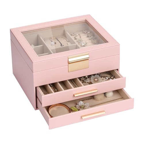 3-Layer Jewelry Box for Women, Jewelry Organizer with Glass Lid and Drawers, Jewelry Organizers and Storage for Necklaces, Rings, Earrings, Bracelets - White/Green/Black/Pink - color: Pink