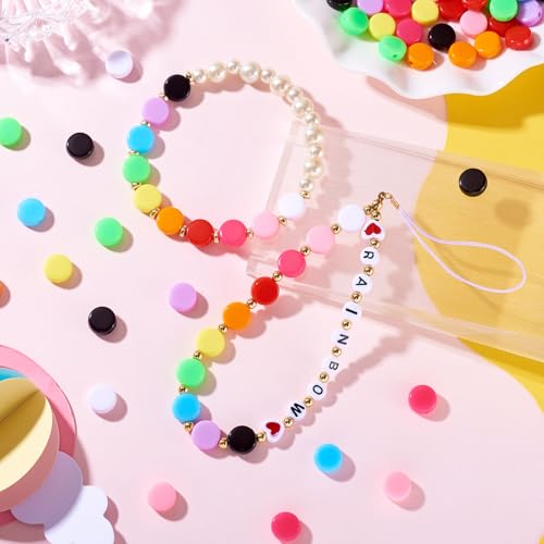 KISSITTY 100Pcs Colorful Acrylic Bead 10 Colors Flat Round Shape Craft Beads Disc Coin Pony Loose Spacer Beads for Jewelry Making DIY Craft Bracelet Necklace Earrings Accessories 10x5mm