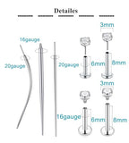 QWALIT Piercing Taper Threadless Insertion Tool - Titanium Labret Pin 16g, 18g, 20g - color: D11 - Silver Threaded+Threadless